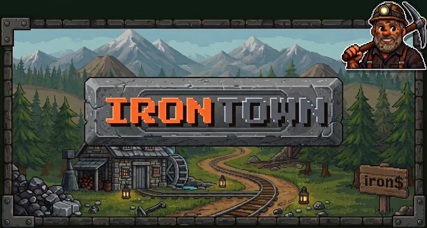 IRON TOWN pixel-art mountain valley and mine banner